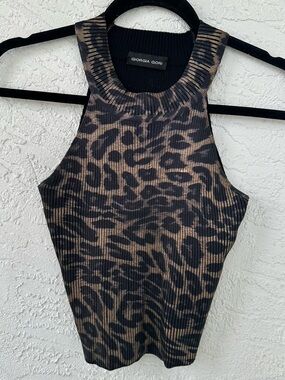 Giorgia Gori Ribbed Halter Leopard Crop Top Black Metallic Gold XS